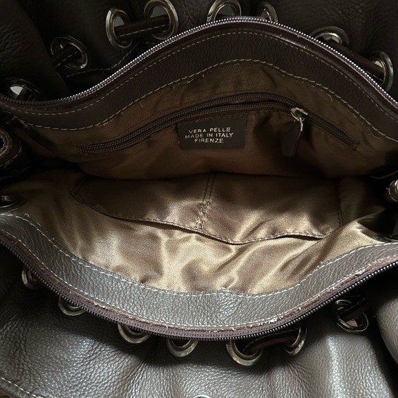 Vera Pelle Brown Leather Drawstring Shoulder Bag Made in Italy - Picture 2 of 3